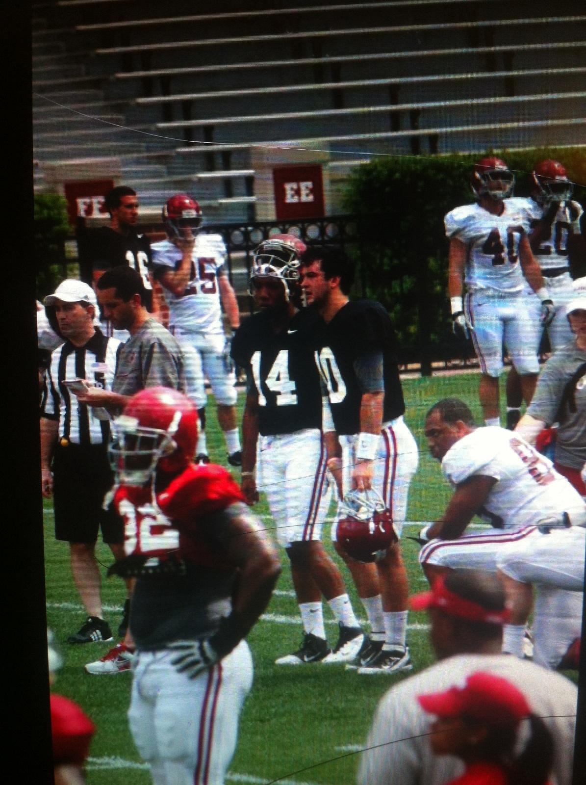 Quarterbacks A.J. McCarron (#10) and Philip Sims (#14) during Alabama spring football practice in 2012