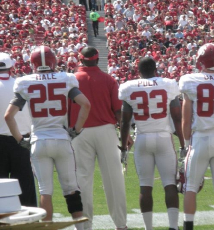 Wide receivers Robby Hale (#25) and Marcus Polk (#33) on the sidelines of the Alabama spring game in 2012